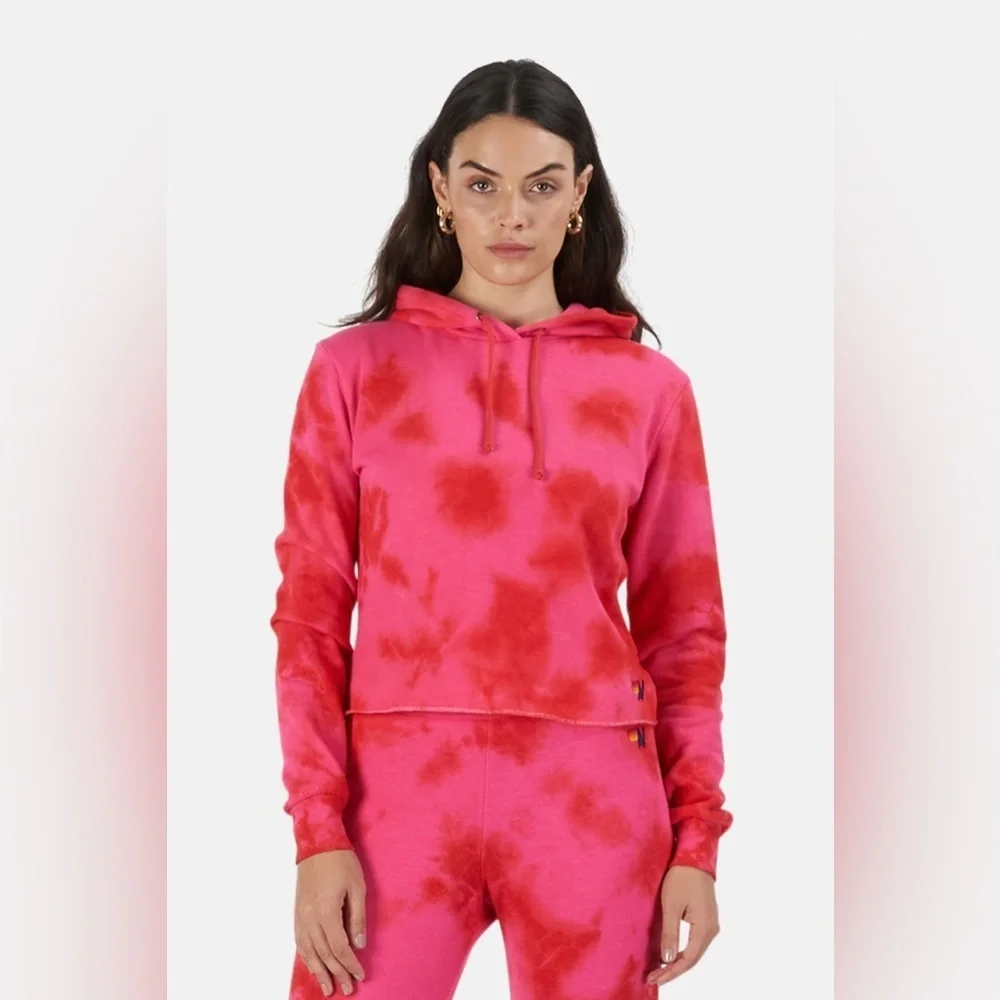 AVIATOR NATION NWT CROP PULLOVER HOODIE SWEATSHIRT in Tie Dye Crystal Red— M
